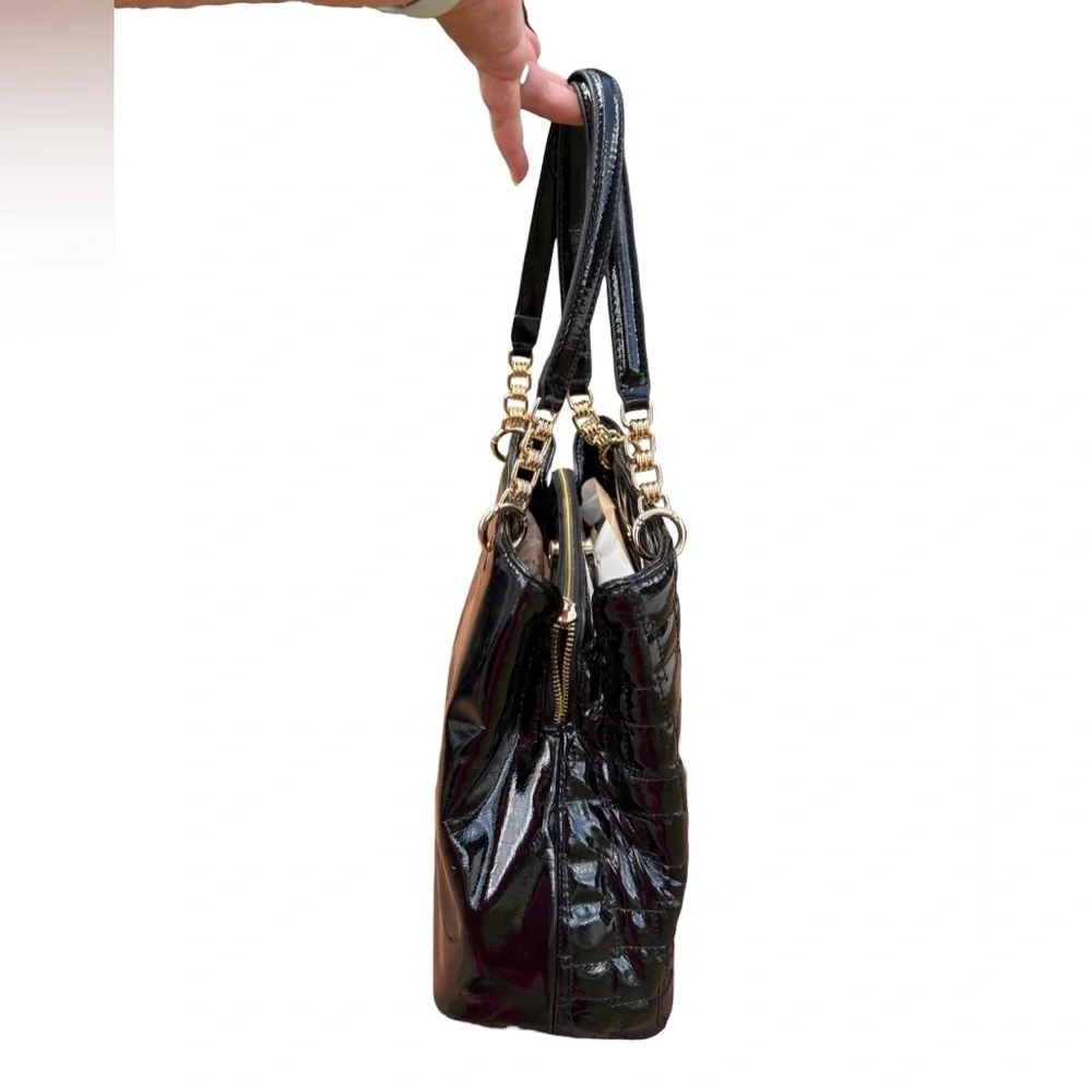 Anne Klein Black Quilted Patent Tote Bag Gold Lion Logo Chain Strap Shoulder Bag